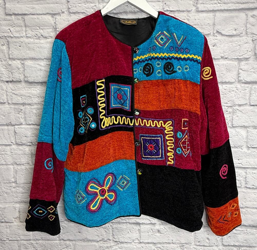 Vintage 90s Allure Womens Tapestry Jacket Size L Blue Red Embroidered BOHO Artsy